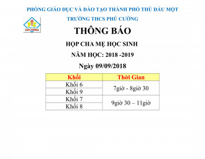Thông Báo Họp Phụ Huynh Học Sinh Năm Học: 2018- 2019