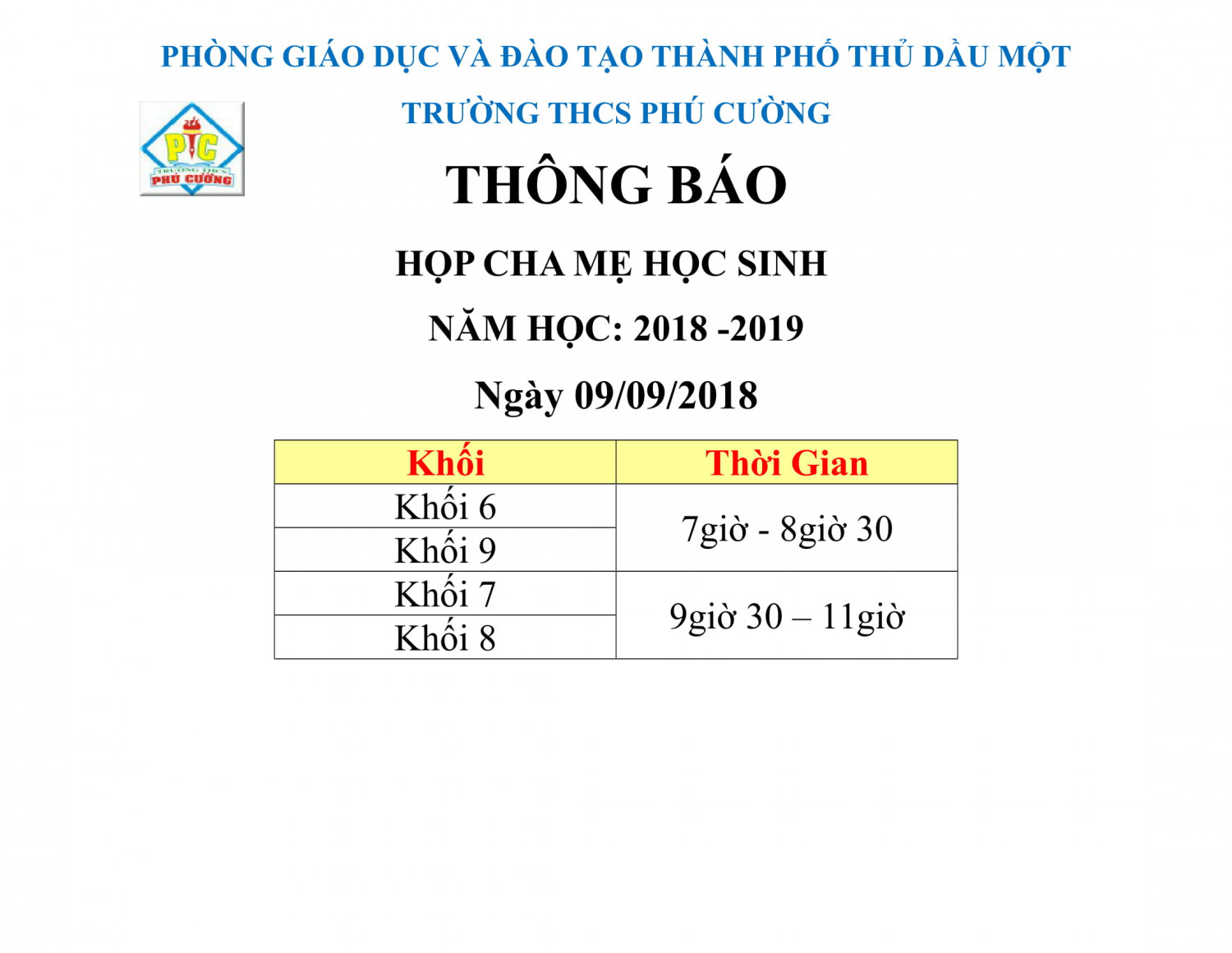 Thông Báo Họp Phụ Huynh Học Sinh Năm Học: 2018- 2019